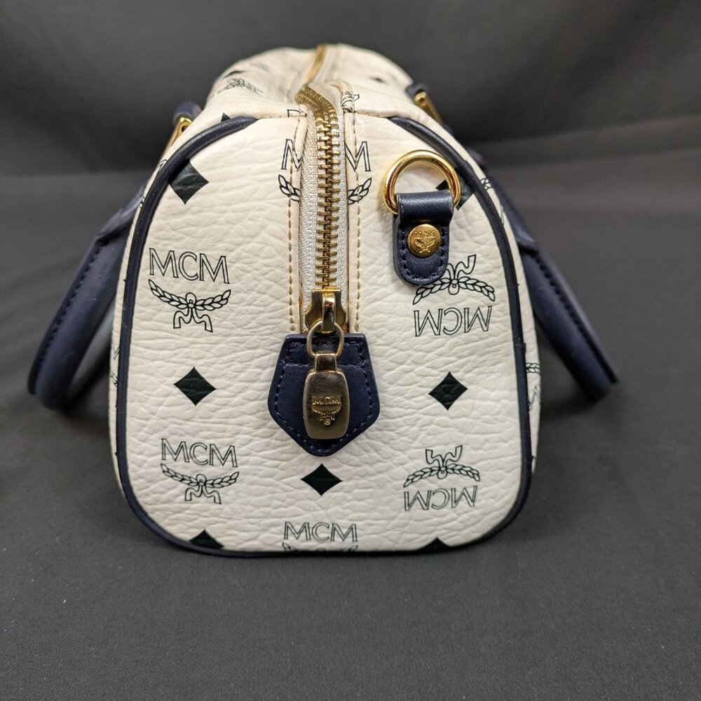 MCM Navy Blue and White Monogram Rare Boston Mini Top Handle Bag - Picture 12 of 14
